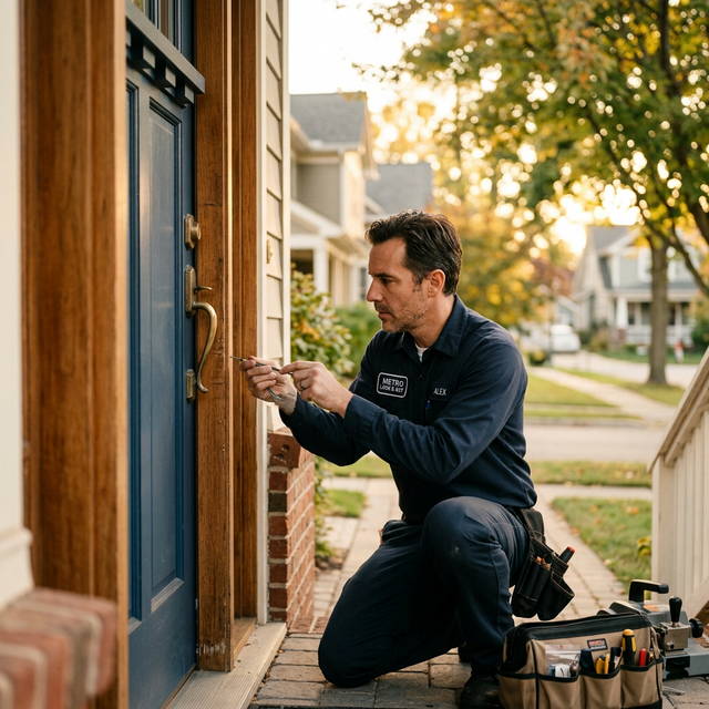 Professional locksmith technician servicing a residential door lock in Antioch, Tennessee